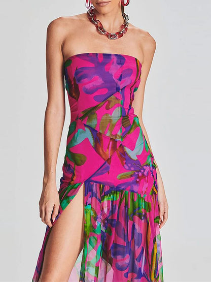 Women Tube Top Dress Slim Strapless Backless Mesh Patchwork Tropical Print High Slit Long Dress for Party Club Night