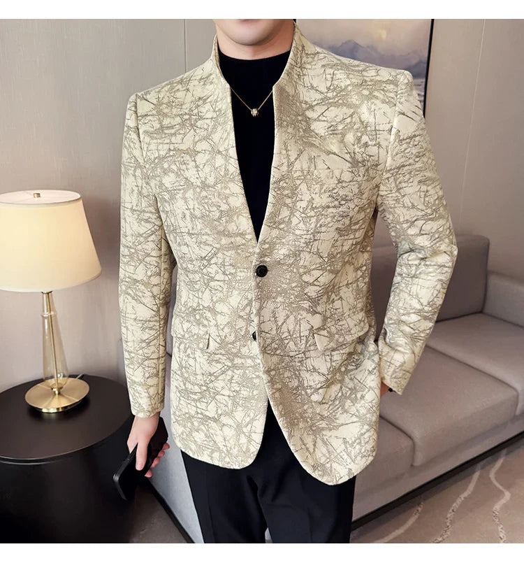 New Chinese Style Stand Up Collar Jacquard Suit Coats Men Slim Business Casual Fashion Suits Jacket Formal Social Party Tuxedos