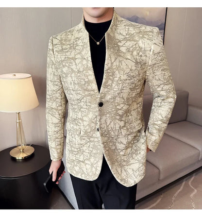 New Chinese Style Stand Up Collar Jacquard Suit Coats Men Slim Business Casual Fashion Suits Jacket Formal Social Party Tuxedos