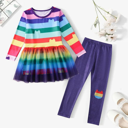 Cartoon Kids Girls Rainbow Dresses+Pants Sets Children Halloween Easter Cats Carnival Cosplay Costume Birthday Party 3-10 Year