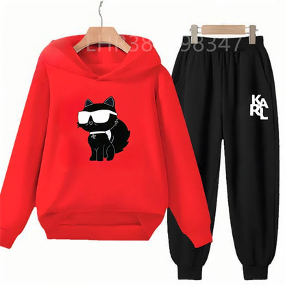 White Cat Black Cat Children's Hoodies Top+Bottom Suit Girls Pink Boy Black Age 3-12 Coat Casual Toddler Long Sleeves Clothing