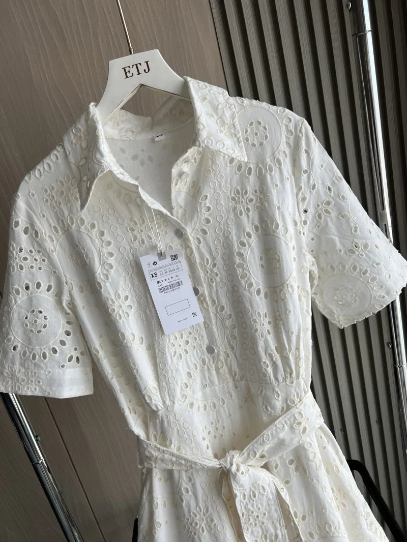 2025 new  women's elegant fashion hollow embroidery cotton shirt lapel short-sleeved dress temperament long skirt