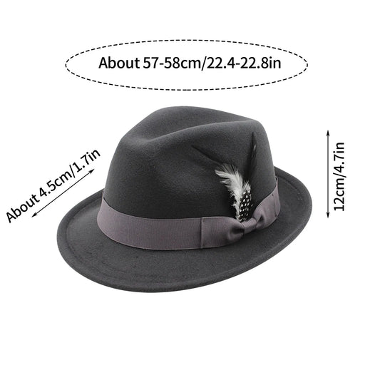 Vintage Fedora Hat Women Men Top Hat, Feather Felts Hat, Men's Jazz Hat European And American Gentleman Soft Woolen Hat