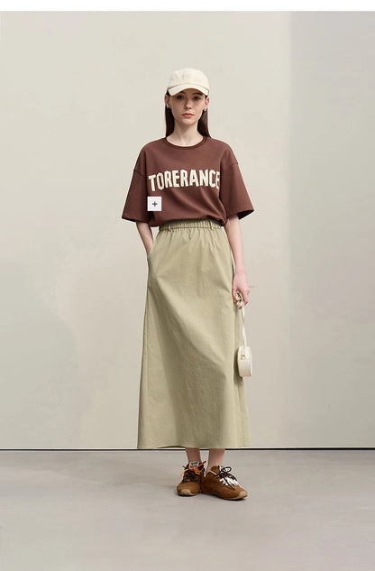 Women's Skirt 2026 Summer New Leisure Elastic Waist Slit A-Line Midi Skirt Women's Loose Embroidered Woman Clothes 12621058