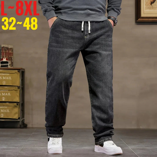 Extra Big Size Jeans Men High Elastic Waist Baggy Denim Pant Male Plus Large Loose Slim Fit Cowboy Trouser 8XL 6XL Classic Black