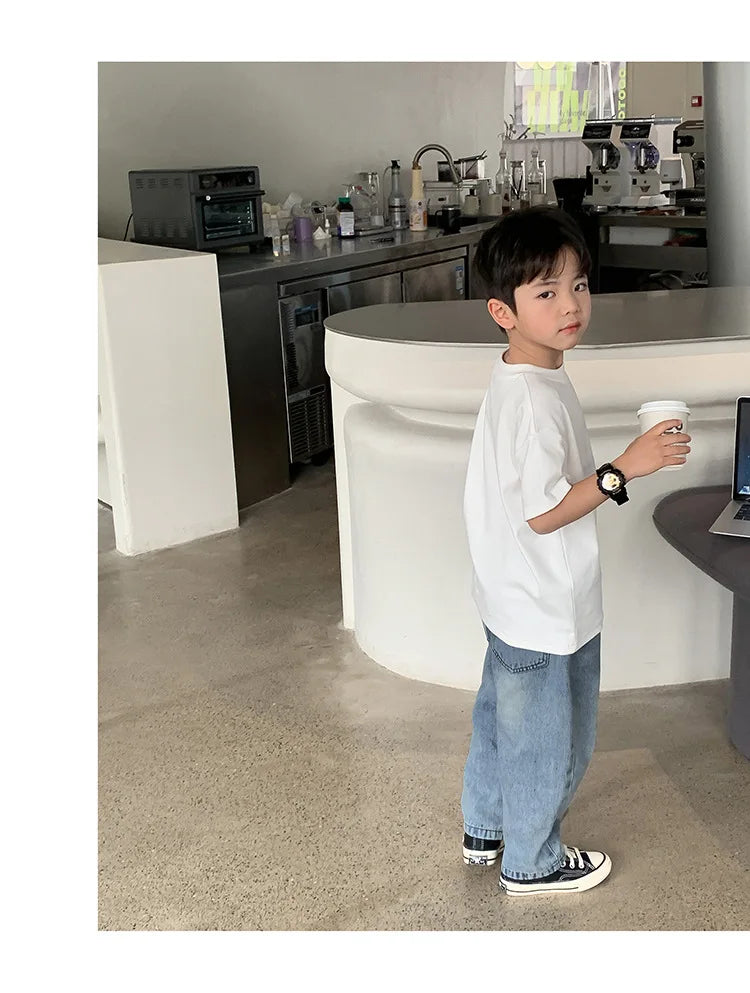 Summer Casual School Kids Cotton Plain Tee Tops Baby and Boys Short-Sleeved T-Shirt Children Outfit Clothing 1-16 Years