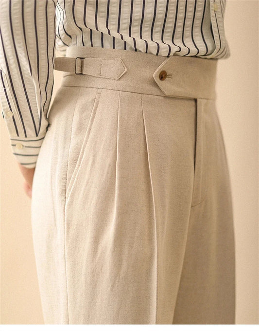 Linen Straight Pant For Men Summer Business Gentleman Naples Pant Paris Buckle Drape High Waisted Trousers Men Formal Pant