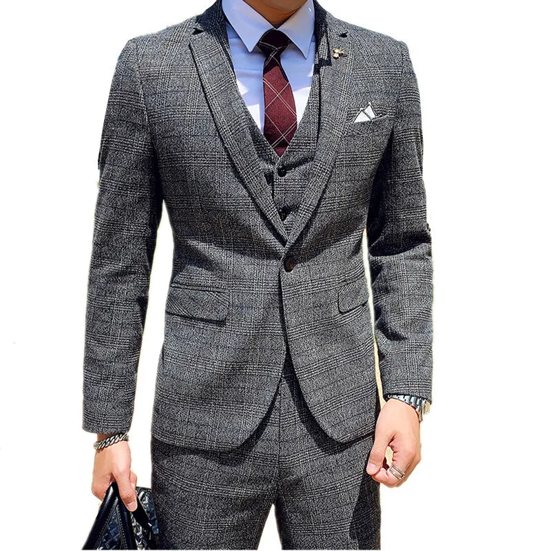 Coffee Brown Men Striped Plaid 3-Piece, Dark Blue Wedding Party Slim Fit Blazers Jacket and Vest with Pants, Asian Size M-5XL