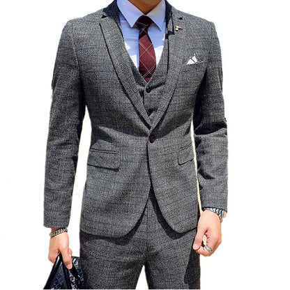 Coffee Brown Men Striped Plaid 3-Piece, Dark Blue Wedding Party Slim Fit Blazers Jacket and Vest with Pants, Asian Size M-5XL