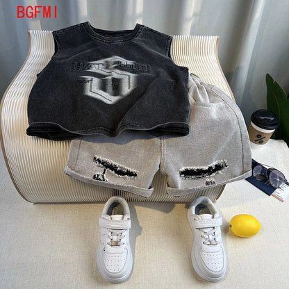 Korean Children's Summer Clothes Kids Set Outfits Boys 2026 Handsome Sleeveless&Short Sleeved T-shirt Denim Shorts 2-piece Set