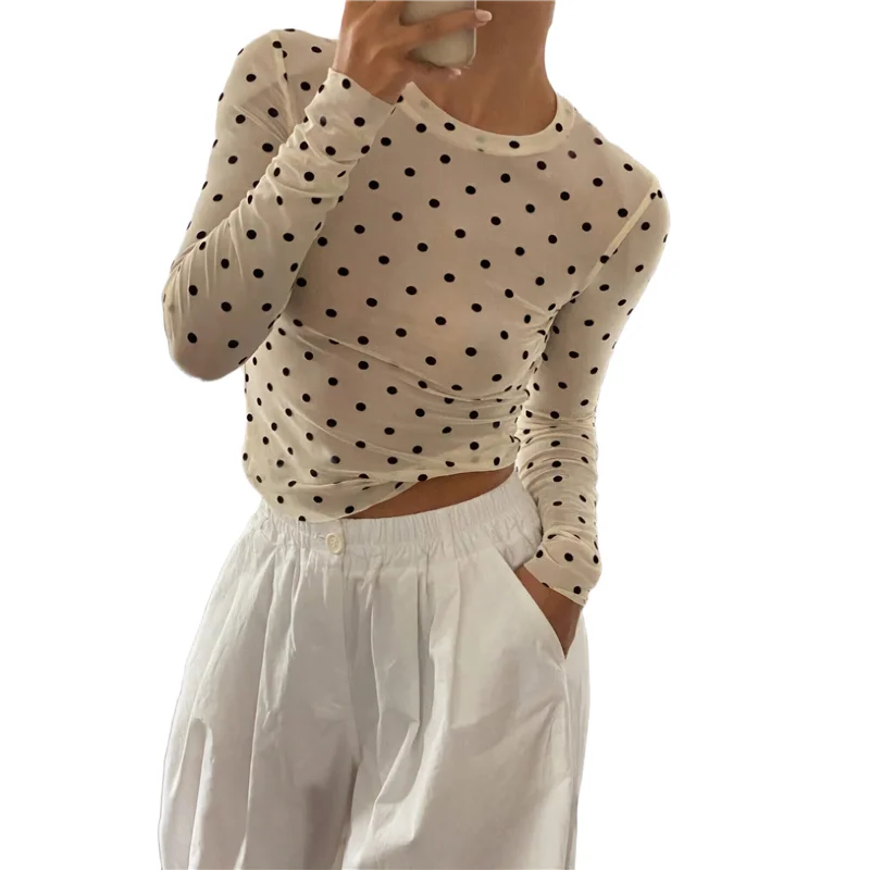ABRT-Women's Round Neck Polka Dot Perspective Mesh Slim Fit Long Sleeve Shirt