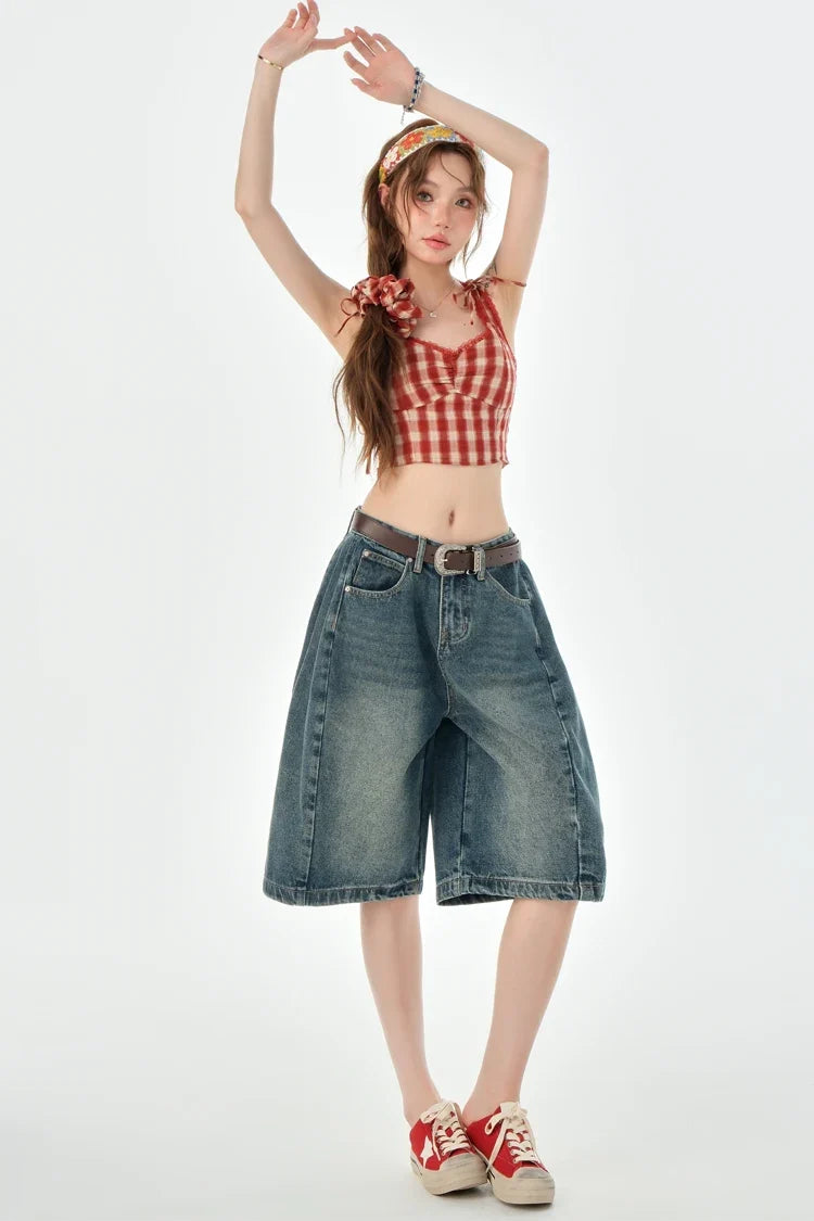 Loose Wide Leg Denim Knee Length Pants Women American Vintage Slimming Shorts