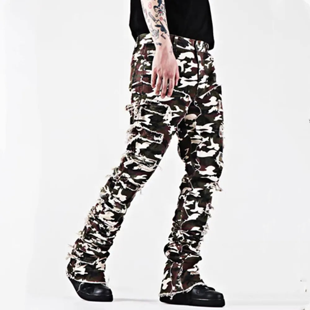 New European and American Heavyweight Streetwise Stretch Patch Jeans for Men, High Street Straight Fit Long Jeans16-3001