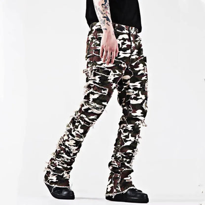 New European and American Heavyweight Streetwise Stretch Patch Jeans for Men, High Street Straight Fit Long Jeans16-3001