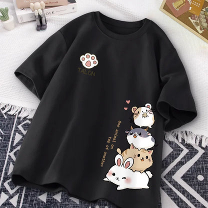 Summer Trendy Simple Cat Printed Short-sleeved T-shirt for Ladies and Boys Same Loose Casual Large-size Top