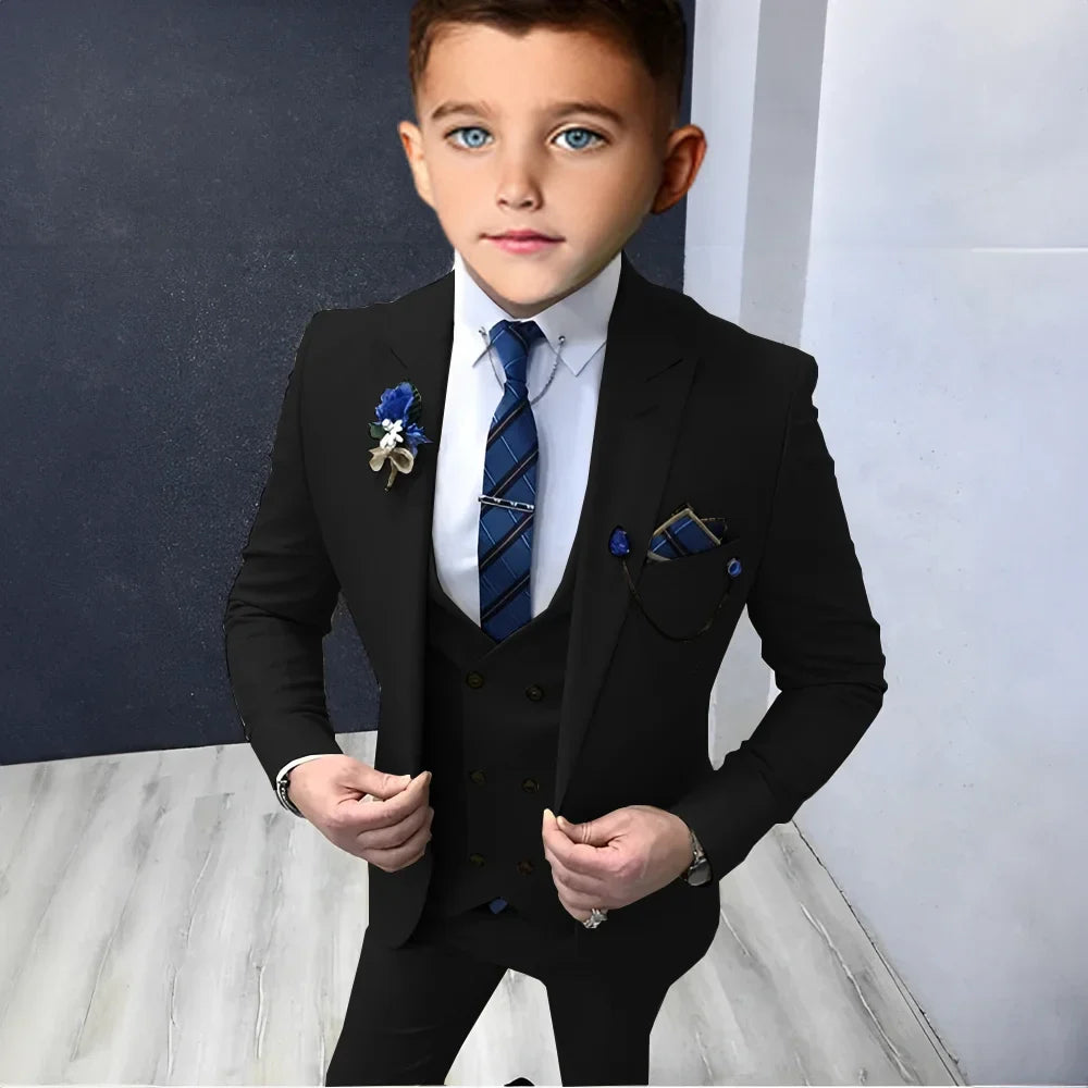 Formal Peak Lapel Suit Set 3 Pieces For Kids Perfirmance Outfit Host Costumes,Handsome Elegant Boys Slim Fit Suits Party Tuxedo