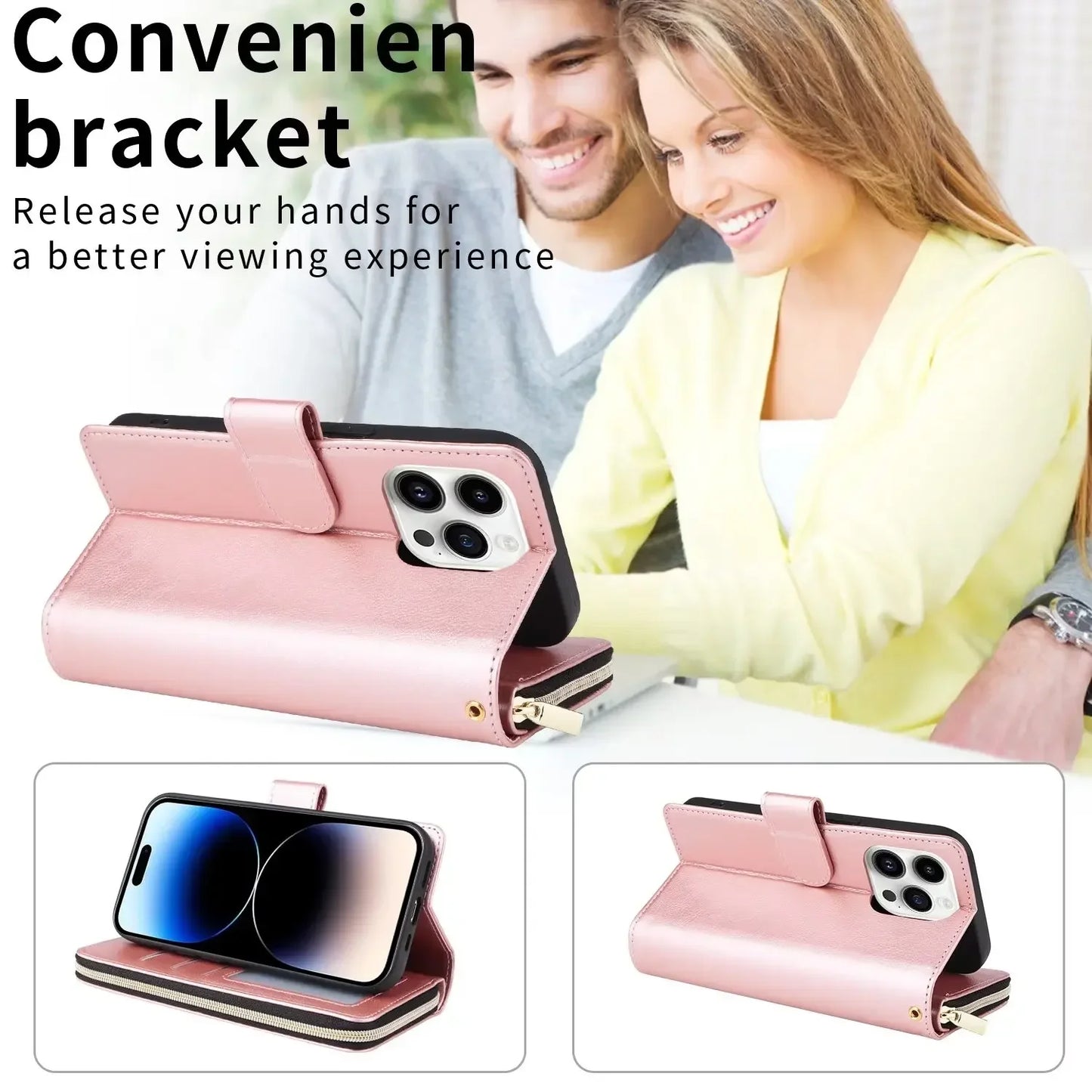 Double Layer Zipper Wallet Case with 9 Card Slots for iPhone 16 16E Pro Max 15 14 Plus13 12 Pro Max PU Leather Flip Cover