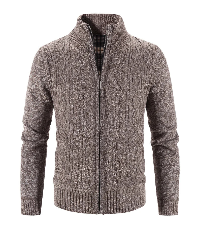 Winter Autumn New Sweater Knit Cable Cardigan Men Business Casual Jacket Zipper Up Solid Color Turn-down Coat Fleece Clothes