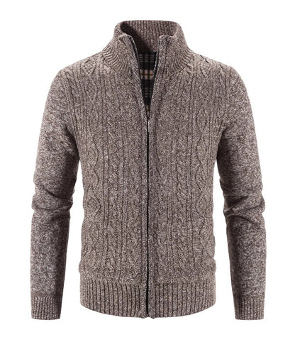 Winter Autumn New Sweater Knit Cable Cardigan Men Business Casual Jacket Zipper Up Solid Color Turn-down Coat Fleece Clothes