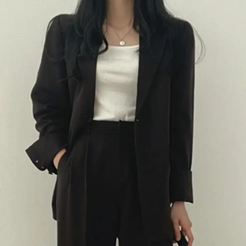 Casual Notch Lapel Suit Set with Button Thick Wide Leg Small Suit Pants High Waist Drape Polyester Business Lady Style Women