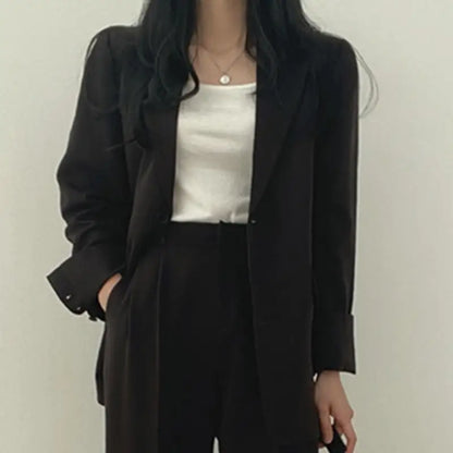 Casual Notch Lapel Suit Set with Button Thick Wide Leg Small Suit Pants High Waist Drape Polyester Business Lady Style Women