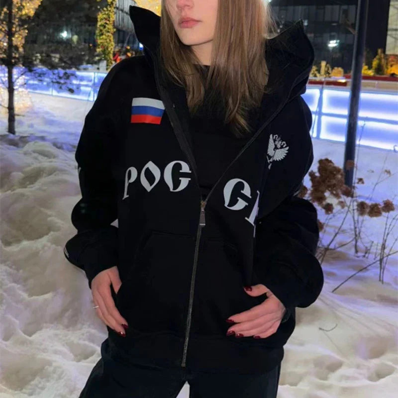 Y2K Clothes Men's Hip Hop Autumn Russia Hot Sale Vintage Double Zip Hoodies Lettering Graphic Hoodies Sweatshirts Casual Jacket