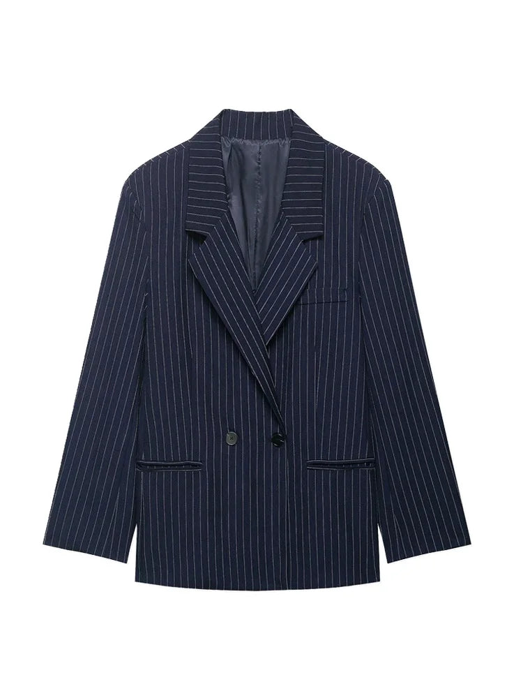 Women's Old Money Style Ovesized Striped Blazer Coat Long Sleeve Front Pockets Chic Oversize Top Female Outerwear