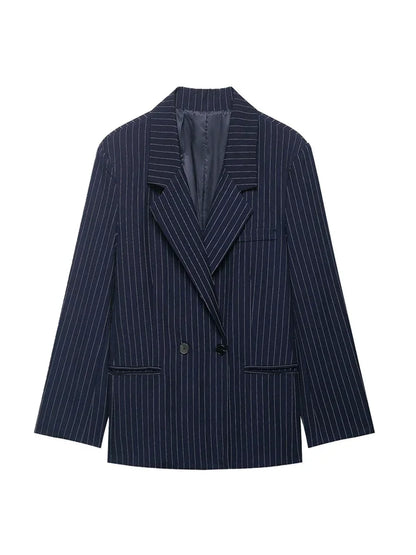 Women's Old Money Style Ovesized Striped Blazer Coat Long Sleeve Front Pockets Chic Oversize Top Female Outerwear