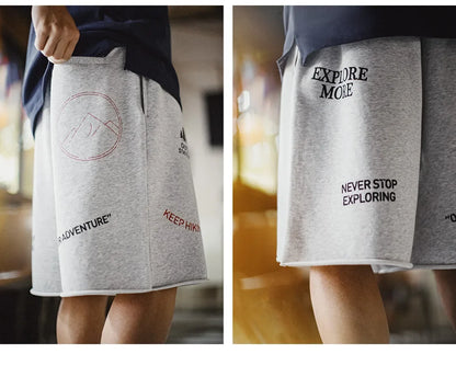 Summer Men's Shorts Retro Print Loose Sport Shorts Elastic Waist Casual Shorts American Knitted Knee-Length Short