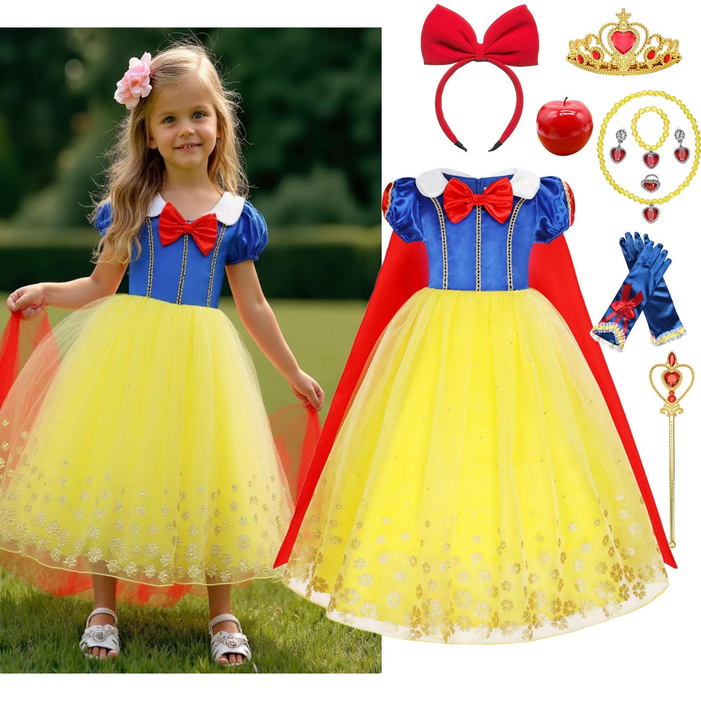 Deluxe Snow White Gown Set with Accessories Princess Costume Fairy Cosplay for Girls Kids Toddler Carnival Party Vestido