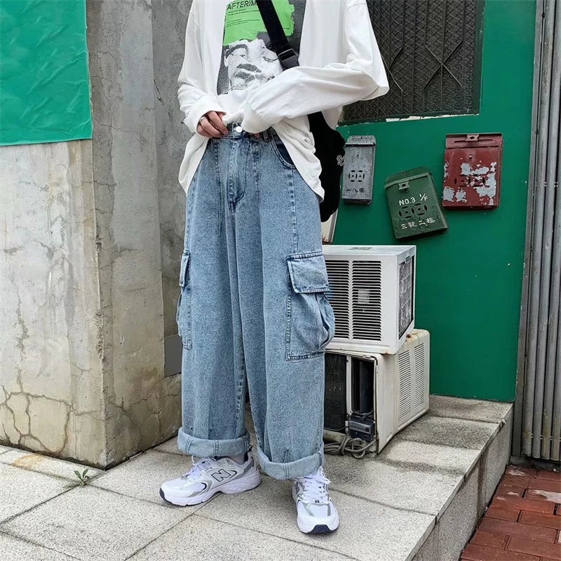 Baggy Jeans Men's Oversize Streetwear Fashion Wide Leg Cargo Pants Hip Hop Harajuku Multi-Pocket Denim Trousers Black Blue