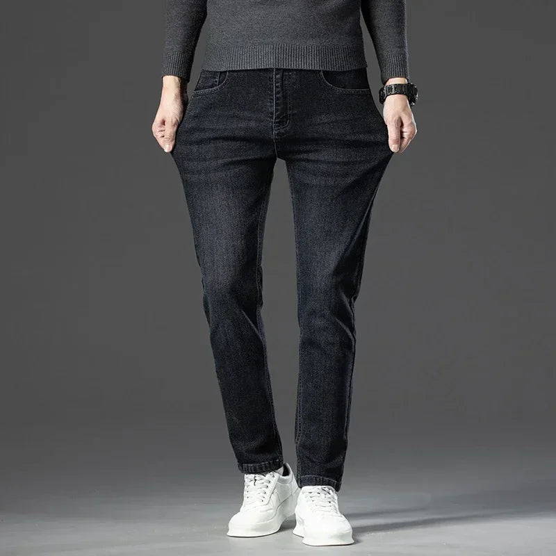Men's Thicken Fleece Straight Jeans Winter Business Casual Stretch Denim Pants Warm Plush Brand Trousers Pans Male Classic