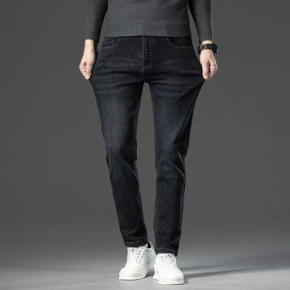 Men's Thicken Fleece Straight Jeans Winter Business Casual Stretch Denim Pants Warm Plush Brand Trousers Pans Male Classic