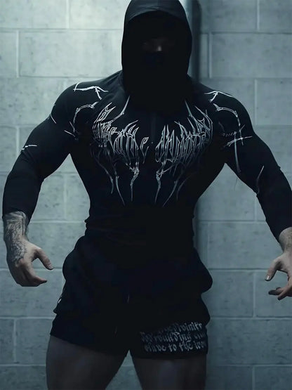 2026 Spring Summer New Men's Black Hooded Sports Compression Long Sleeve Shadow Style Street Subcultural Style