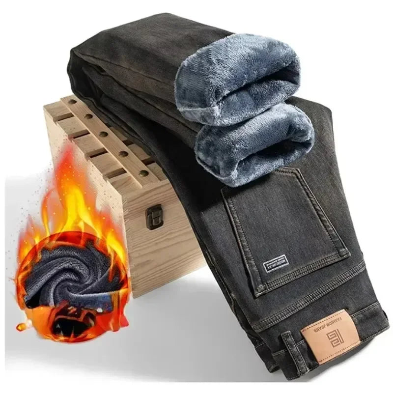 High Quality Winter Jeans New Casual Straight Tube with Fleece Thickening Loose Outside Warm Long Pants Streetwear Men