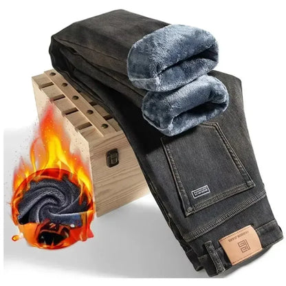 High Quality Winter Jeans New Casual Straight Tube with Fleece Thickening Loose Outside Warm Long Pants Streetwear Men