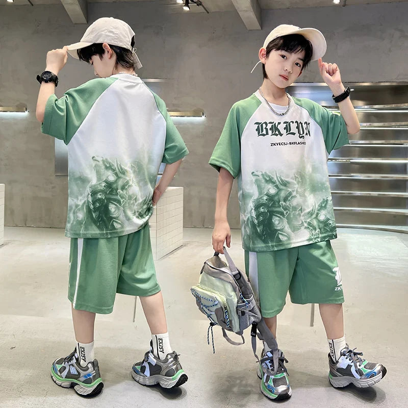 New Boys Clothing Sets Summer T-Shirt Short Sleeve+Shorts Kids Boy Sportsuit Children's Outfits Suit Teenager 5 6 8 10 12 14Yrs