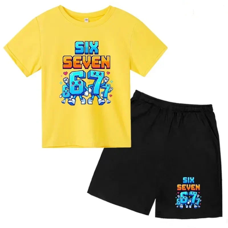 Boys Girls 3-12Y Summer Fashion Outfit 67 Number Cartoon Print T-shirt and Shorts Casual Two-Piece Clothing Set