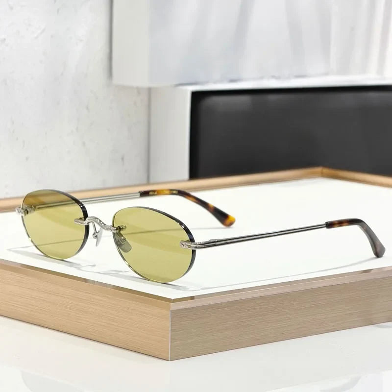 CLEO Small Oval Rimless Women's Sunglasses Alloy Men High Quality Fashion Design UV400 Handmade High Street Eyeglasses Wtih Case