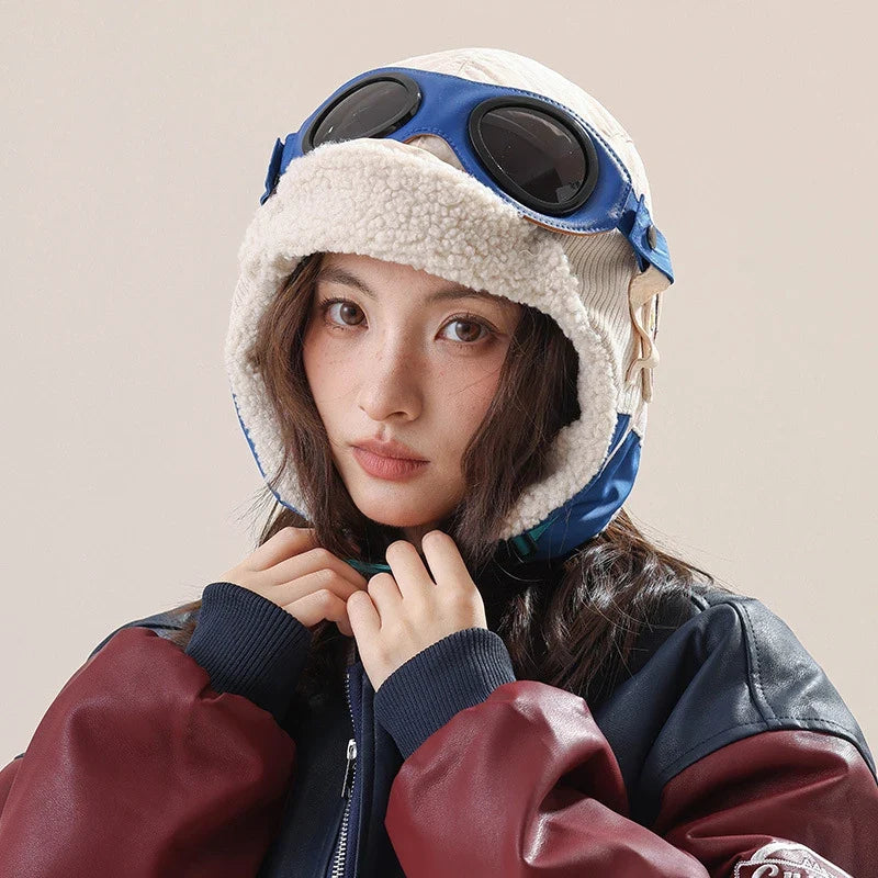 Niche Design Removable Glasses Pilot Hats for Men and Women Autumn Winter Outdoor Riding Warm Casual Versatile Retro Bomber Cap