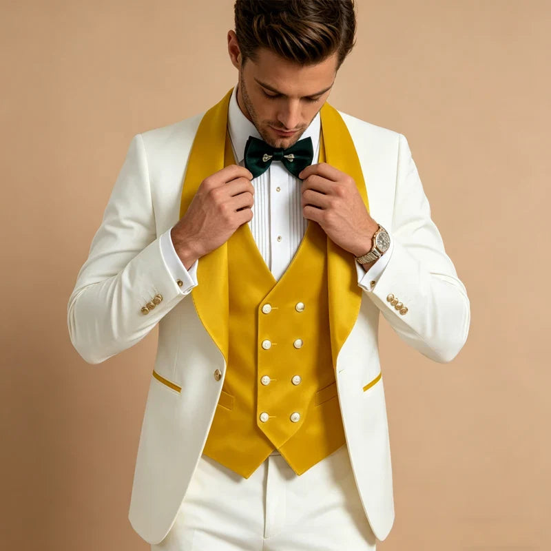 Men White Tuxedo Suit 3 Piece Shawl Lapel Slim Fit 1 Button Velvet Collar Patched Blazer Vest Pants Set for Wedding Party Groom
