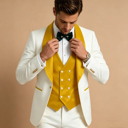 Men White Tuxedo Suit 3 Piece Shawl Lapel Slim Fit 1 Button Velvet Collar Patched Blazer Vest Pants Set for Wedding Party Groom