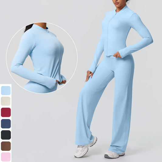 2pieces Quick Drying Sports Fitness Clothing Yoga Set Women Yoga Zipper Long Dleeves High Waisted Breathable Wide Leg Pants Set