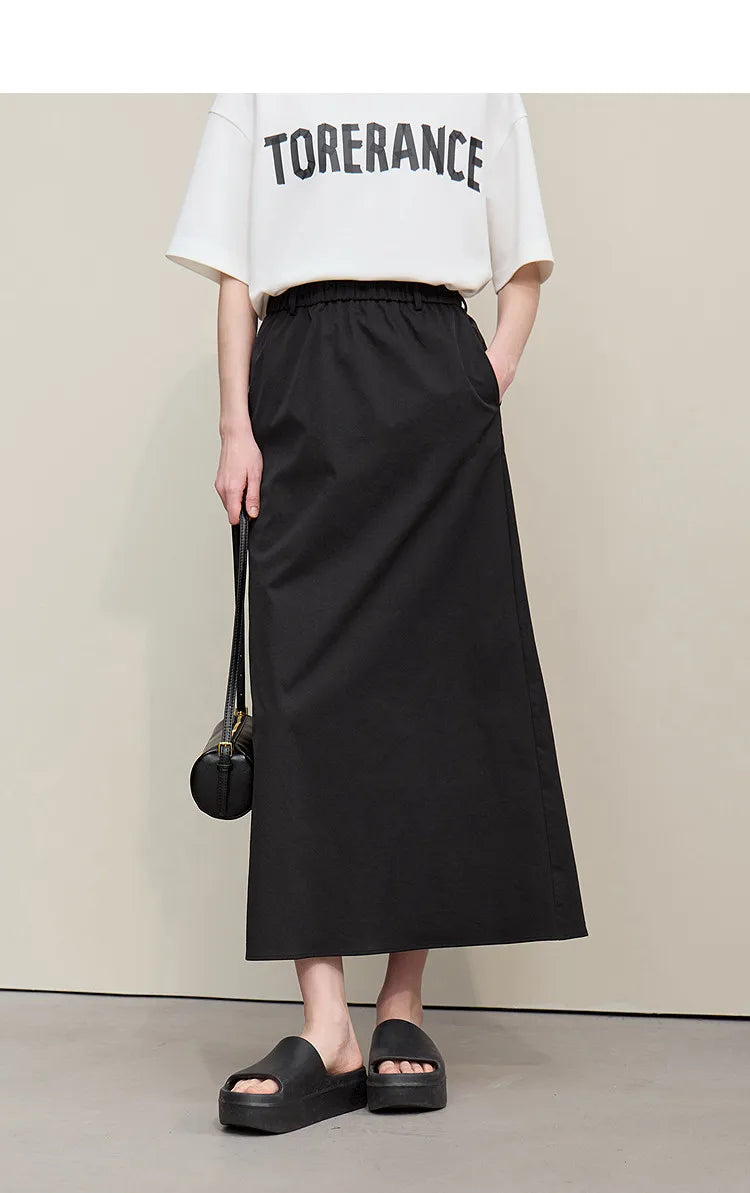 Women's Skirt 2026 Summer New Leisure Elastic Waist Slit A-Line Midi Skirt Women's Loose Embroidered Woman Clothes 12621058