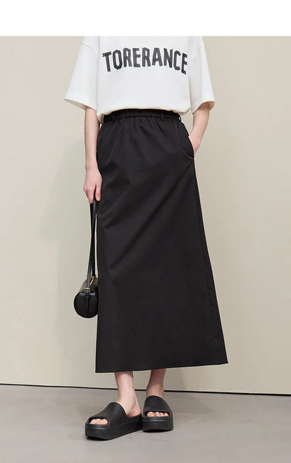 Women's Skirt 2026 Summer New Leisure Elastic Waist Slit A-Line Midi Skirt Women's Loose Embroidered Woman Clothes 12621058