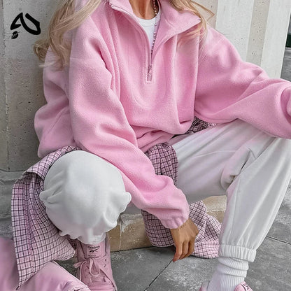 Original Pink Winter Lamb Fleece Hoodie Women Zipper Lapel Pullover флисовая кофта женская кофта женская