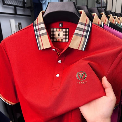 High end brand men's short sleeve polo shirt summer new letter emboss lightweight breathable fashion color blocked lapel T-shirt