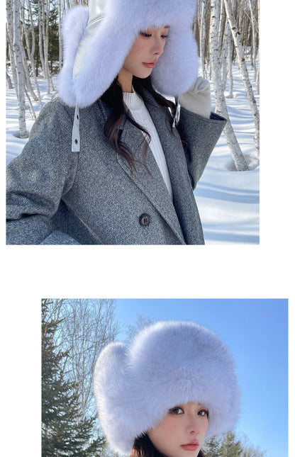 Winter Warm Real Fox Fur Hat Ear-Protecting Hats Women's Genuine Leather Windproof Fox Fur Bomber Hat Thickened Sheepskin Cap