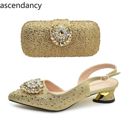 Gold Shoe and Bag Set for Party in Women African Women Shoes and Bags Italy Wedding Elegant Pumps for Lady Heeled Sandals Woman