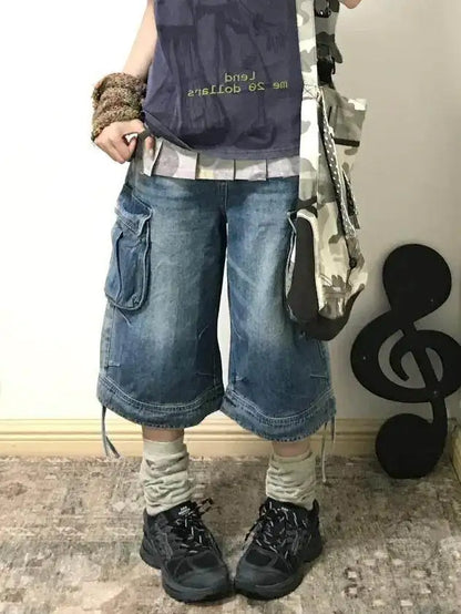 Summer Women American Retro Cargo Jorts Boyfriend Jean Shorts Y2K 2000s Denim Calf-Length Pants Japanese Harajuku High Street